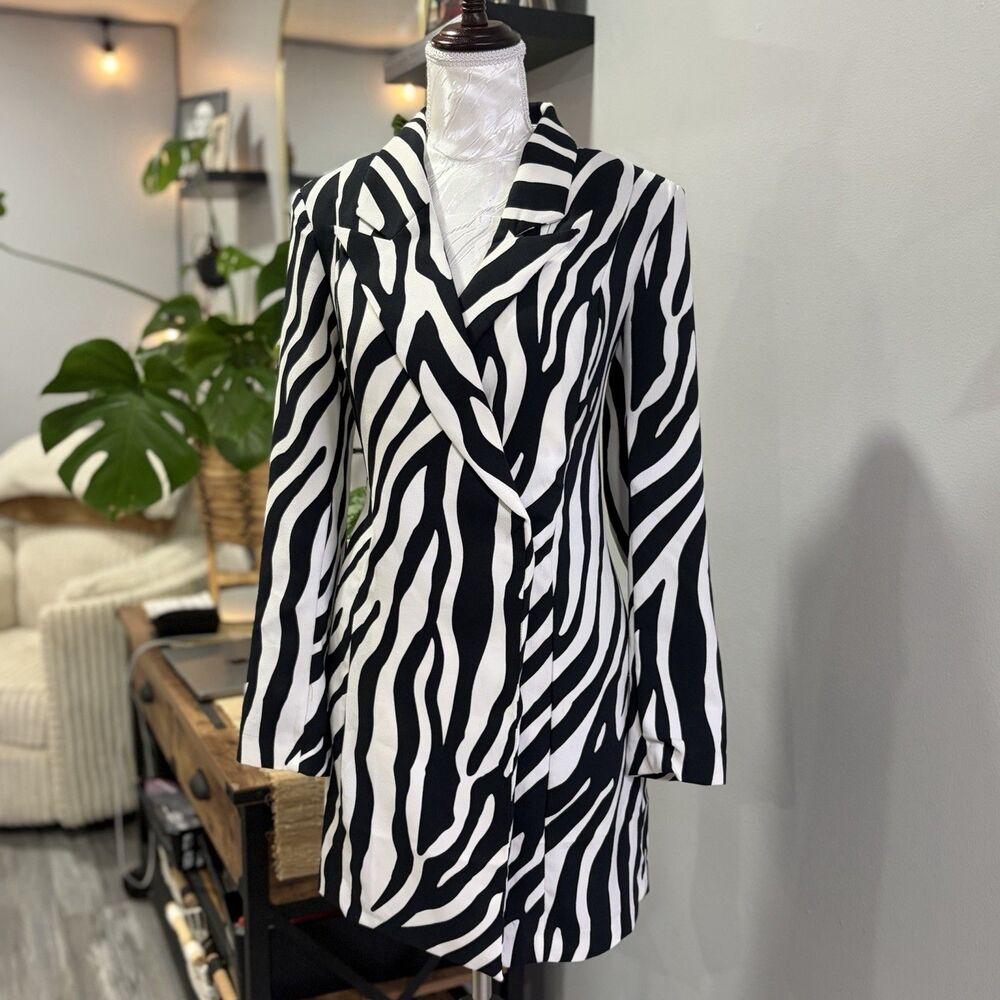 H&M Divided Zebra Print Longline Double Breasted Blazer Jacket Mini Dress Sz S/M